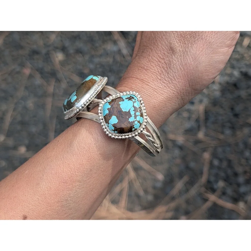 Natural Number 8 Turquoise Silver Cuff Bracelet Large 3 Stone Southwest Jewelry* - Picture 5 of 9